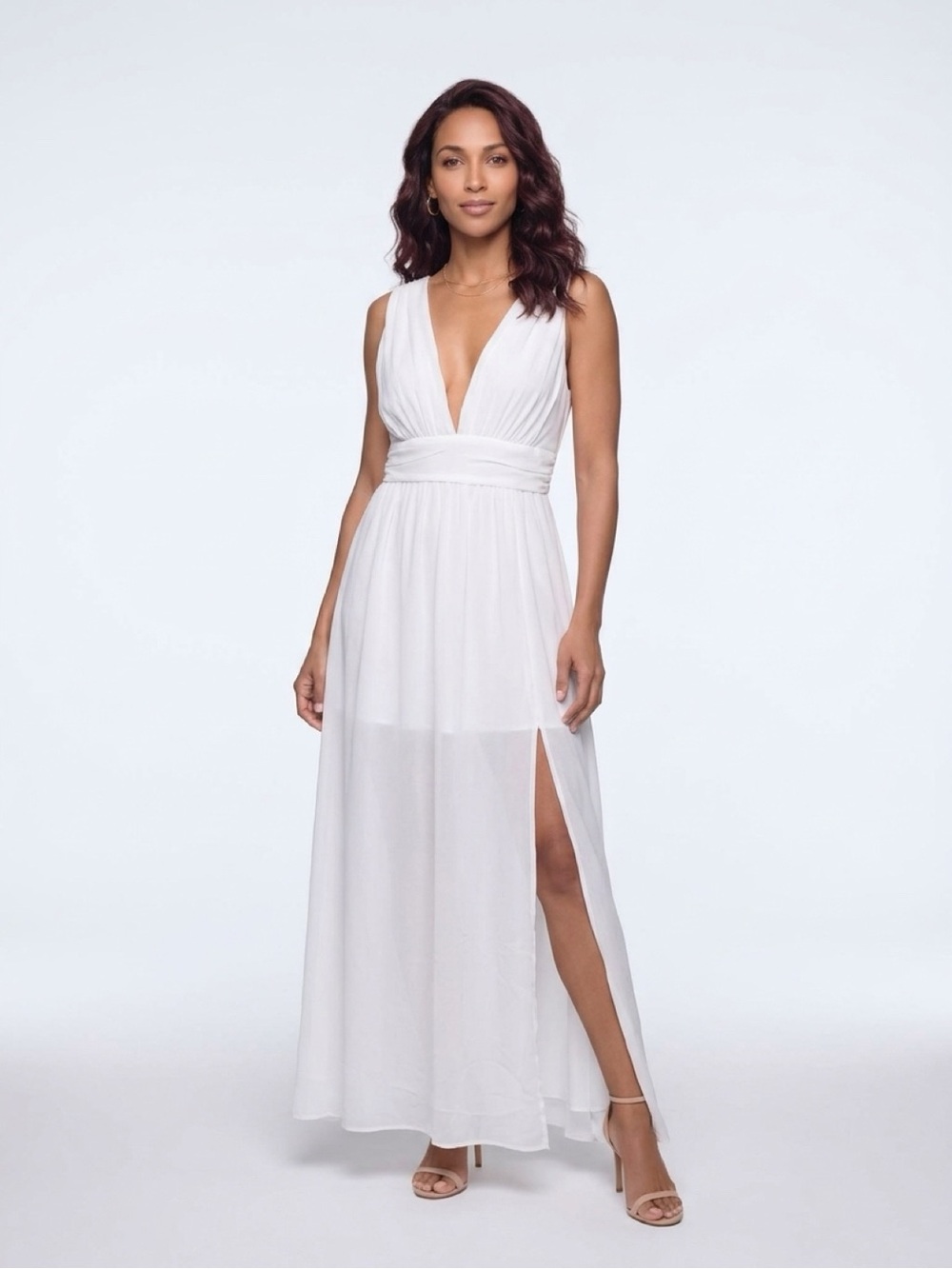 SHEIN White Deep V-Neck Sleeveless Maxi Dress with Side Slit